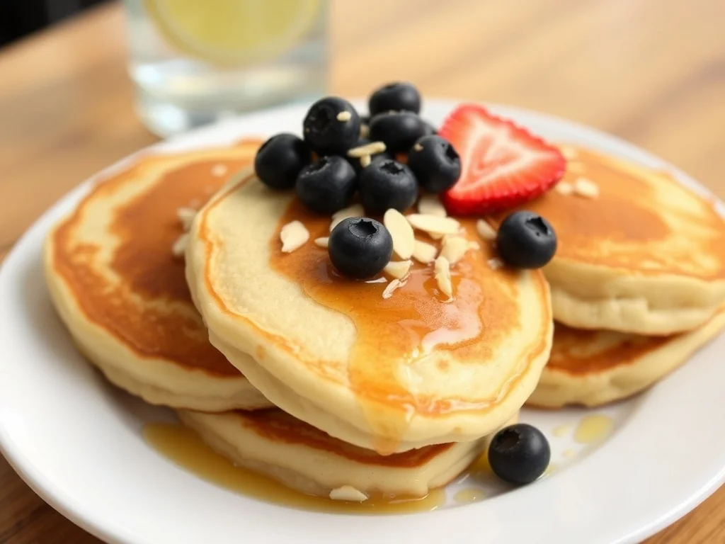 Puszyste fit pancakes z owocami, miodem i migdałami na talerzu, jako zdrowa propozycja śniadaniowa z przepisu.