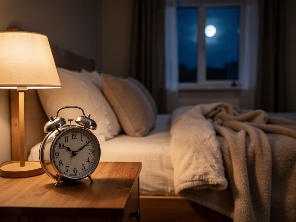 Zegar budzika na stoliku nocnym w przytulnej sypialni nocą, podkreślający znaczenie stałych godzin snu.