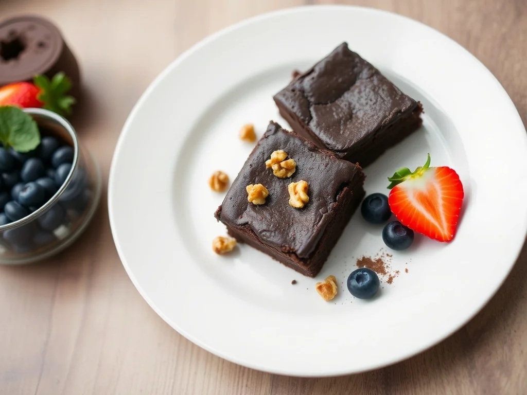 Dwa kawałki fit brownie z kakao i orzechami, podane na talerzu z borówkami i truskawkami jako zdrowy deser czekoladowy