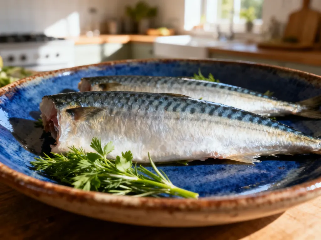 Świeży filet ze śledzia atlantyckiego podany na rustykalnym talerzu, podkreślający apetyczny wygląd ryby.
