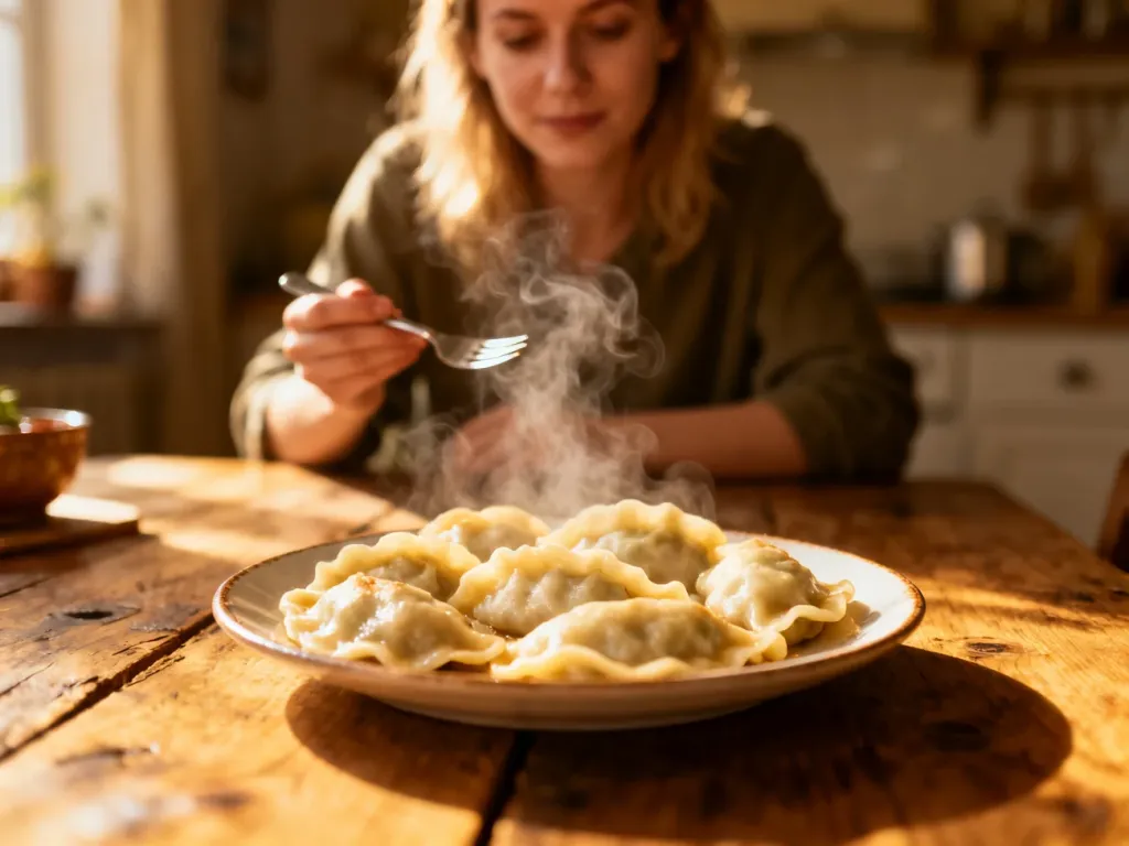 Talerz parujących, tradycyjnych pierogów na drewnianym stole w przytulnej kuchni.