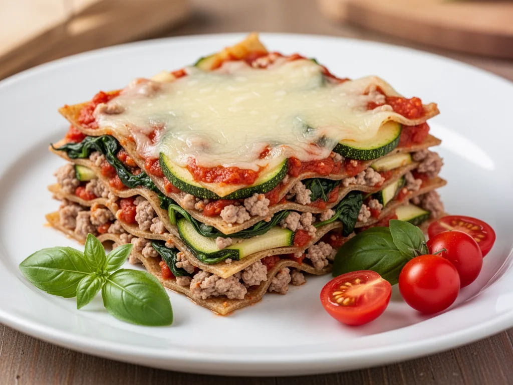 Porcja fit lasagne z indykiem, warzywami i lekkim serem na talerzu, obok świeża bazylia i pomidorki koktajlowe