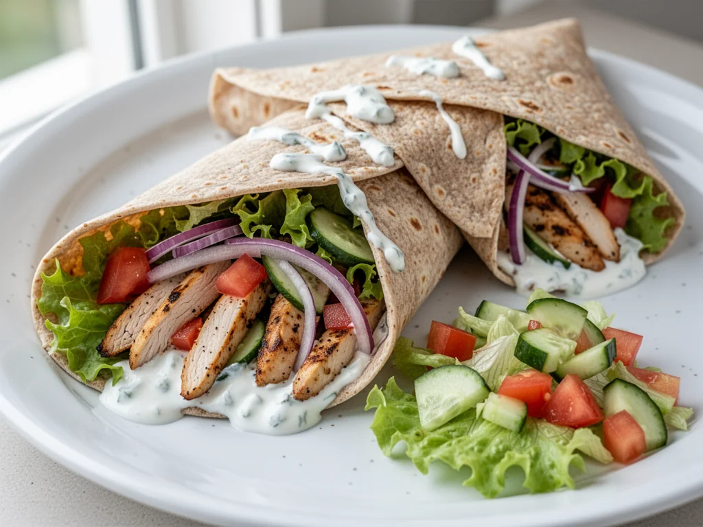 Fit kebab z pełnoziarnistą tortillą, grillowanym kurczakiem i warzywami, podany z lekkim sosem jogurtowo-czosnkowym