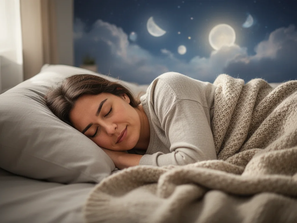 Śpiąca spokojnie osoba przykryta kocem, w tle rozmyte niebo nocne symbolizujące fazę REM i marzenia senne.