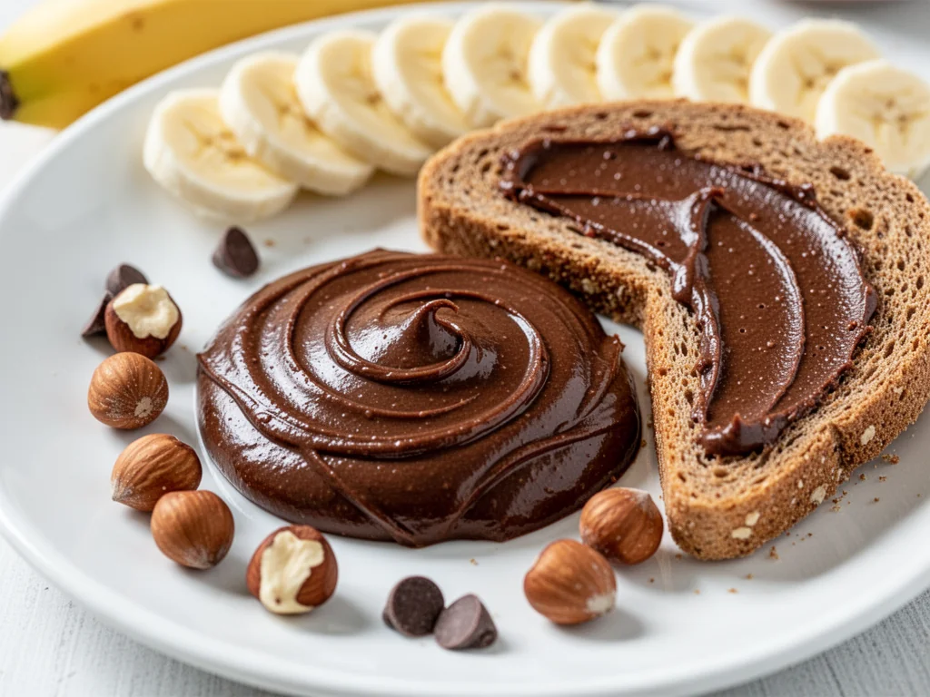 Domowa fit nutella na pełnoziarnistym pieczywie z orzechami laskowymi, czekoladą i bananem, zaprezentowana w apetycznym zbliżeniu.
