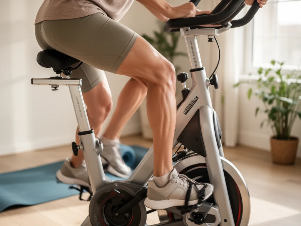 Nogi pedałujące na rowerze stacjonarnym w domowej siłowni, podkreślone mięśnie ud i łydek podczas treningu
