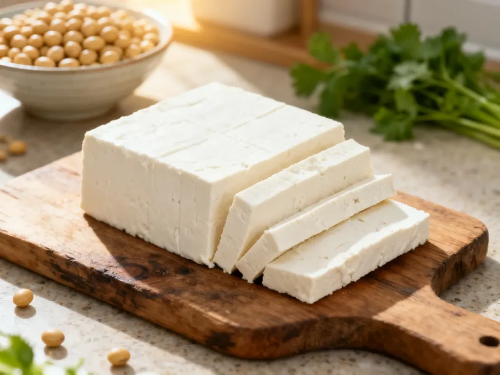 Pokrojony blok świeżego tofu na drewnianej desce, obok miska z ziarnami soi i ziołami w naturalnym świetle.