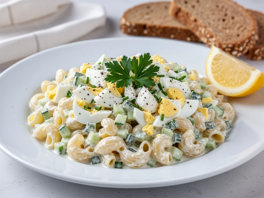Fit pasta jajeczna z makaronem, ogórkiem i ziołami na białym talerzu, podana z pełnoziarnistym pieczywem i cytryną