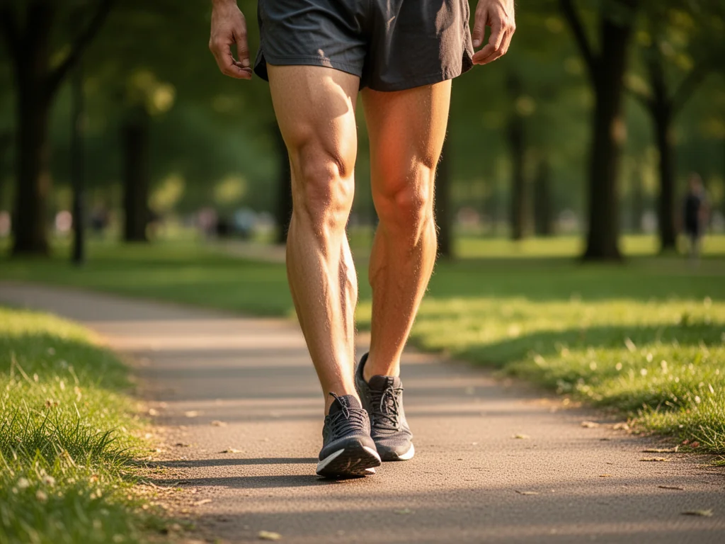 Nogi w sportowym stroju podczas spaceru po parku, subtelnie podkreślone mięśnie łydek i ud, spokojna, zdrowa atmosfera