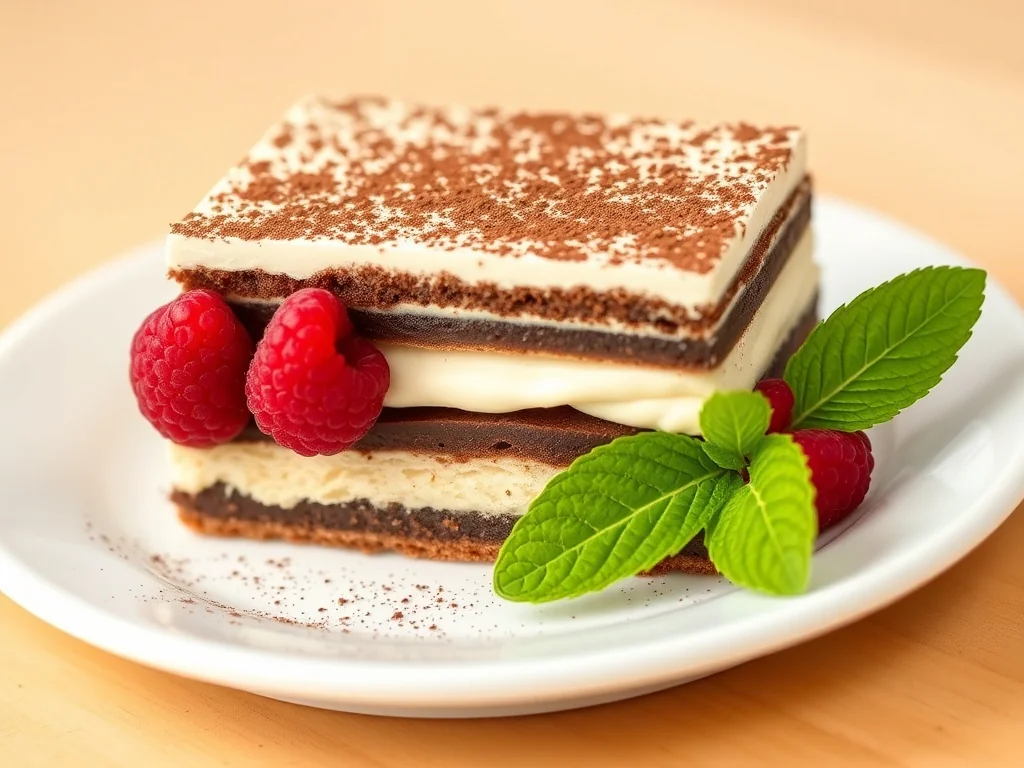 Kawałek fit tiramisu z malinami i miętą na talerzu, wyraźne warstwy kremu i kakao w ciepłym, rozmytym tle