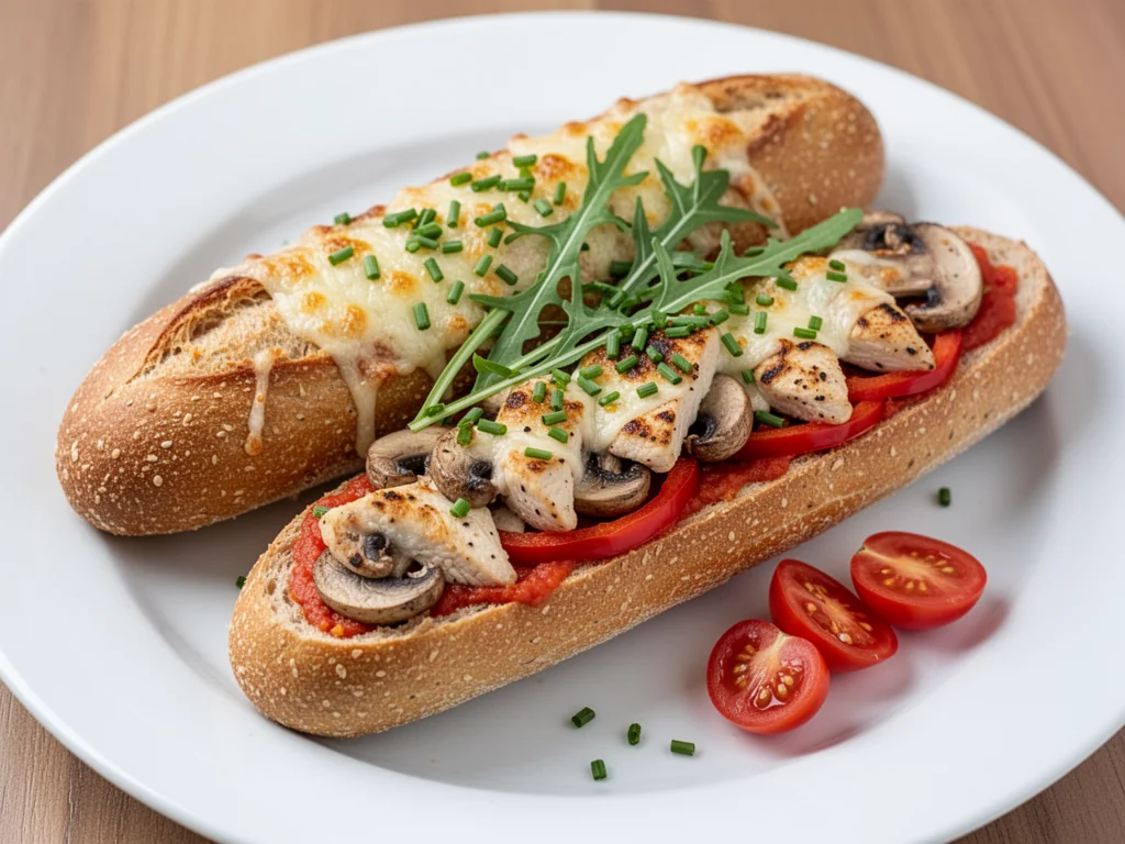 Pełnoziarnista fit zapiekanka z kurczakiem, warzywami i serem na białym talerzu, podana z rukolą i pomidorkami koktajlowymi.