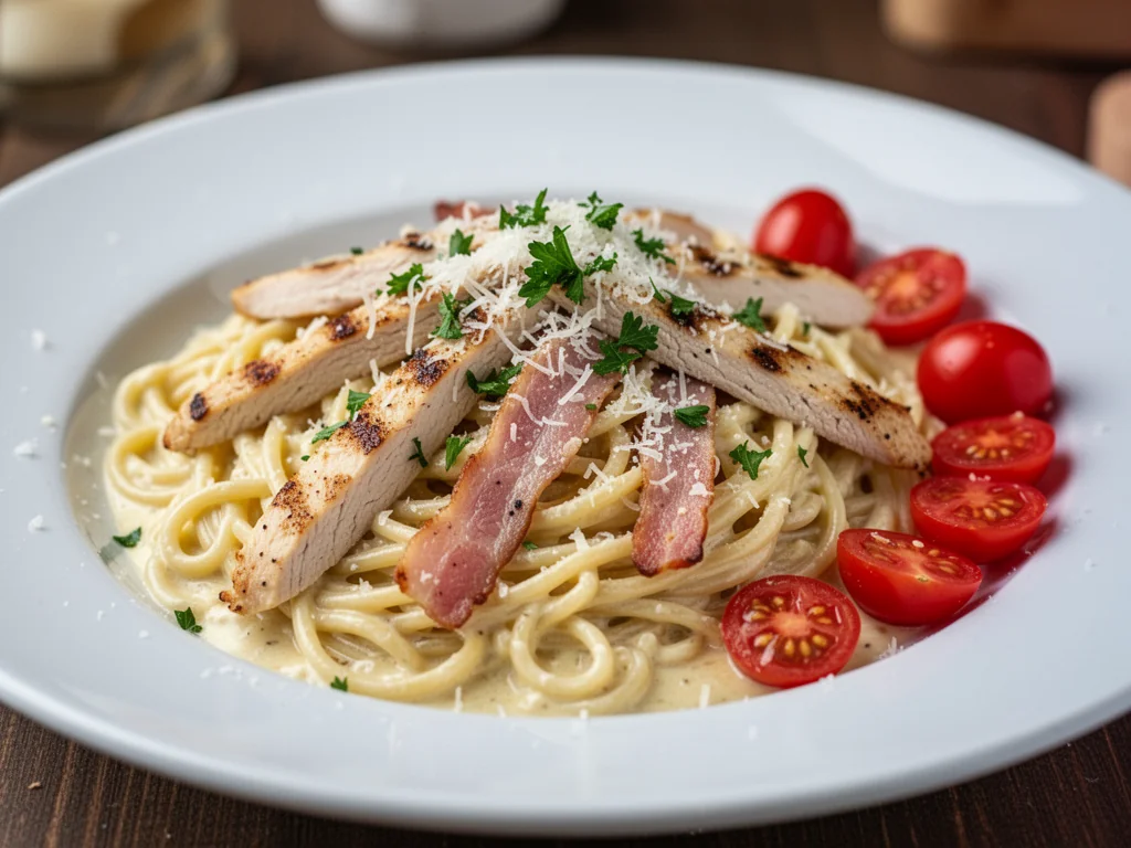 Pełnoziarnista fit carbonara z grillowanym kurczakiem, bekonem z indyka, parmezanem i natką pietruszki, podana z pomidorkami.