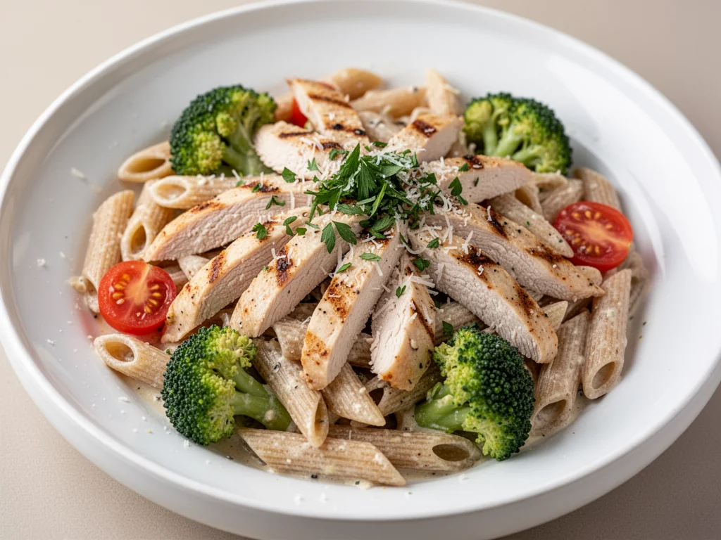 Pełnoziarnisty makaron penne z grillowanym kurczakiem, brokułami i pomidorkami w lekkim, fit sosie, posypany natką i parmezanem.