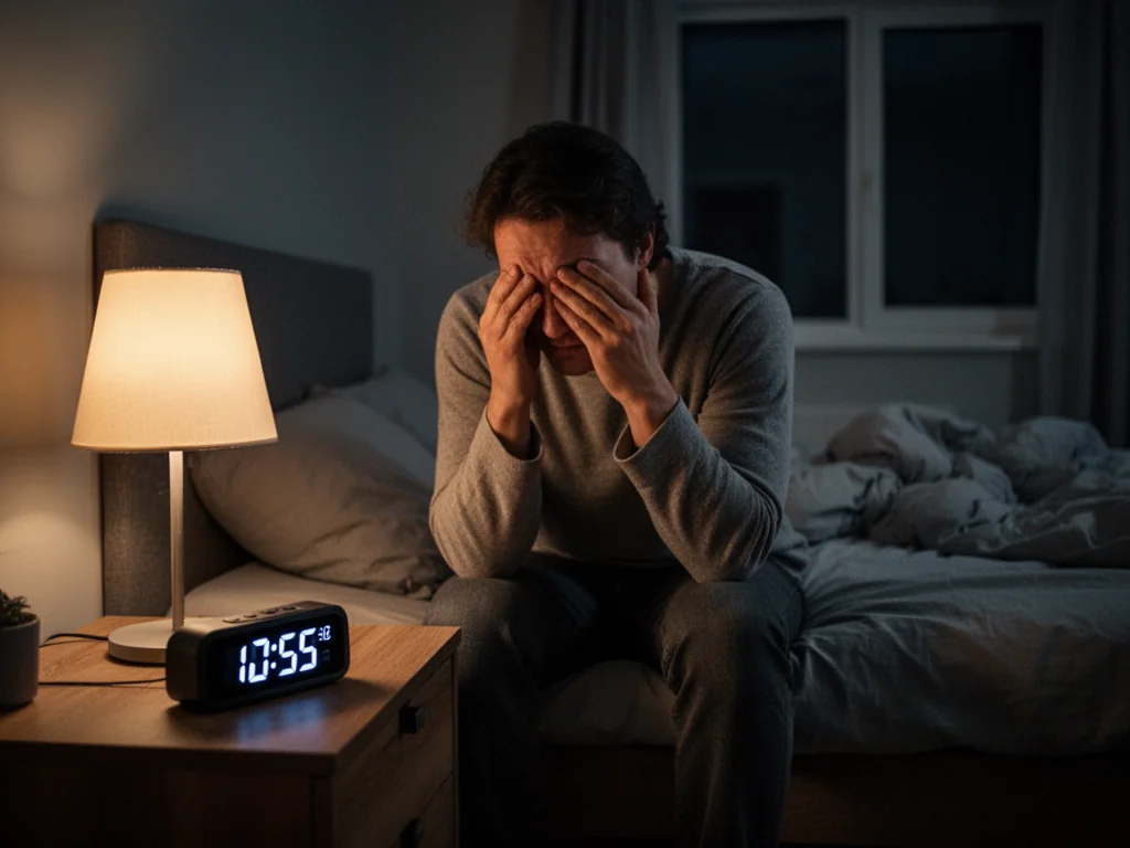 Wycieńczona osoba na skraju łóżka w nocy, trze oczy przy lampce nocnej, na zegarku późna godzina, bezsenność