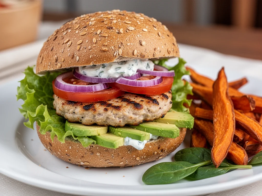 Fit burger z indyka w pełnoziarnistej bułce z warzywami i sosem jogurtowym, podany z pieczonymi frytkami z batatów.