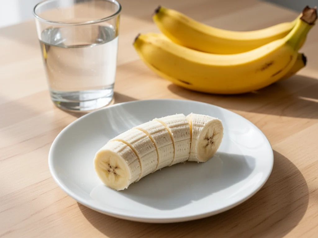 Pokrojony, obrany banan na białym talerzu z wodą i całymi bananami w tle, jako zdrowa przekąska bogata w witaminy.