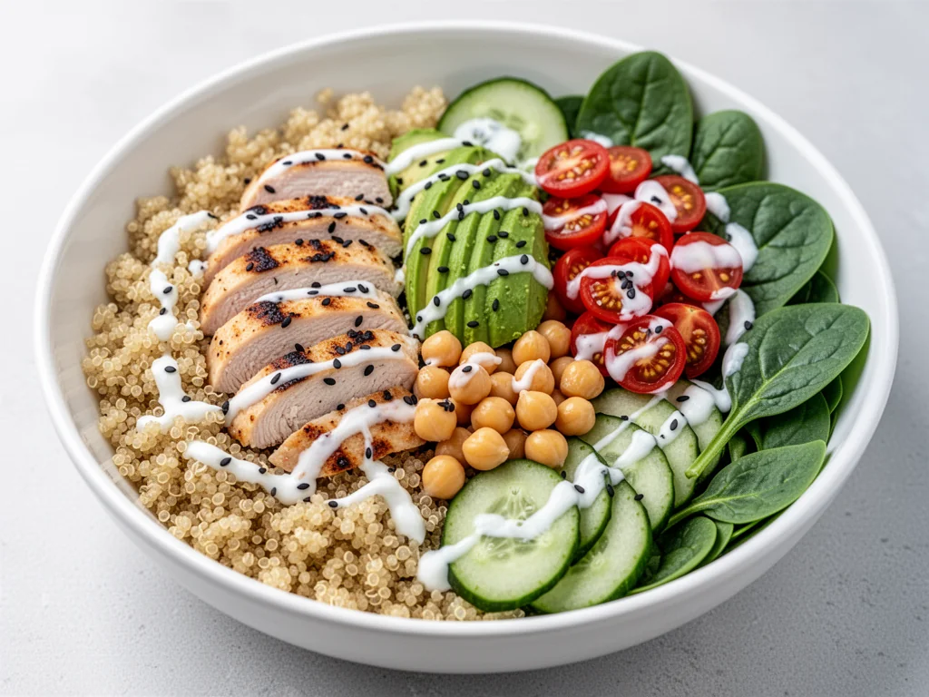 Kolorowa fit bowl z komosą, kurczakiem, warzywami i sosem jogurtowym, podana jako zdrowy, zbilansowany posiłek.