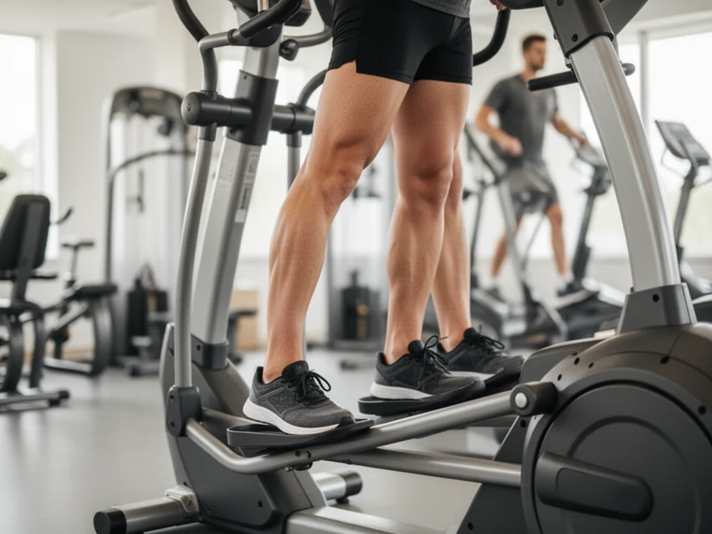 Nogi na orbitreku w nowoczesnej siłowni, podkreślone łydki i uda pracujące podczas treningu cardio
