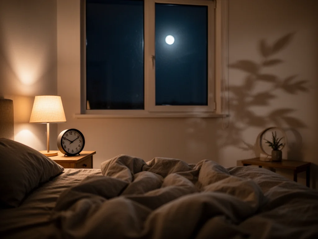 Przytulna sypialnia nocą, niepościelone łóżko i zegar wskazują późną godzinę, podkreślając znaczenie nocnego snu.