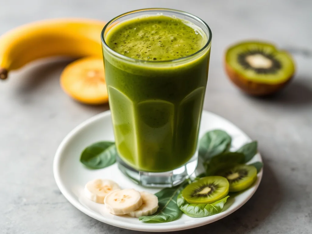 Szklanka zielonego fit smoothie ze szpinakiem, bananem i kiwi, udekorowana plasterkami owoców i liśćmi szpinaku.