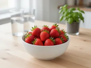 Szklanka zielonego fit smoothie ze szpinakiem, bananem i kiwi, udekorowana plasterkami owoców i liśćmi szpinaku.