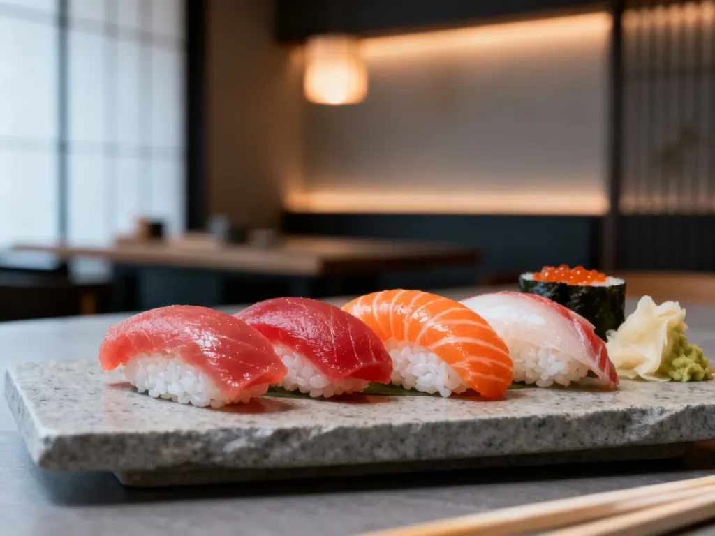 Elegancki talerz świeżego sushi z nigiri i sashimi na minimalistycznym kamiennym blacie.