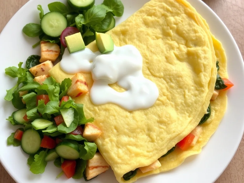Puszysty fit omlet z kurczakiem, szpinakiem i papryką, podany z awokado, sosem jogurtowym i sałatką z ogórkiem.