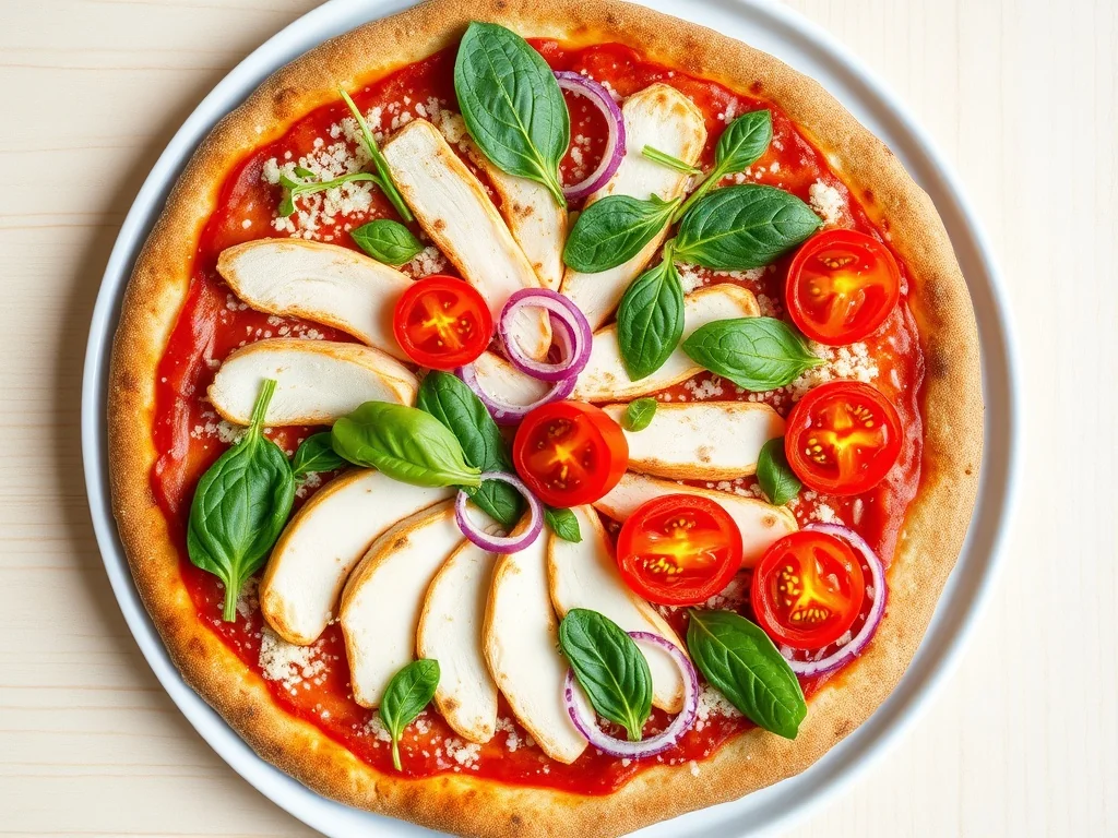 Pełnoziarnista fit pizza z kurczakiem, warzywami i rukolą, ukazana z góry jako zdrowa, kolorowa propozycja obiadu.