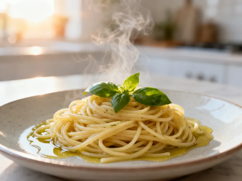 Porcja spaghetti al dente z oliwą i bazylią na ceramicznym talerzu w słonecznej kuchni.